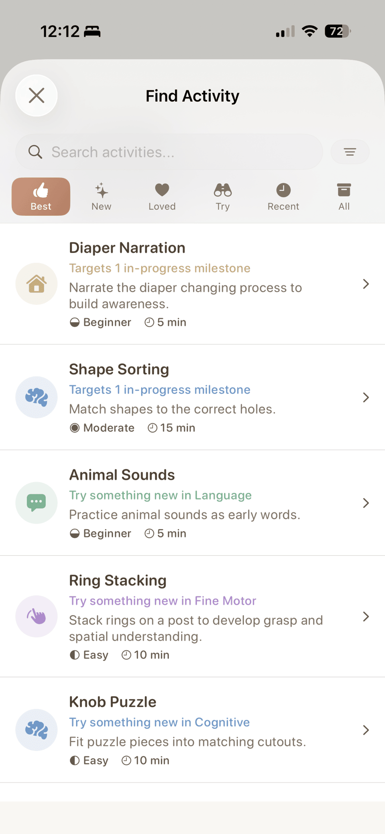 Nurture app Activities tab showing activity library with search, domain filter pills, and activity cards with duration and difficulty