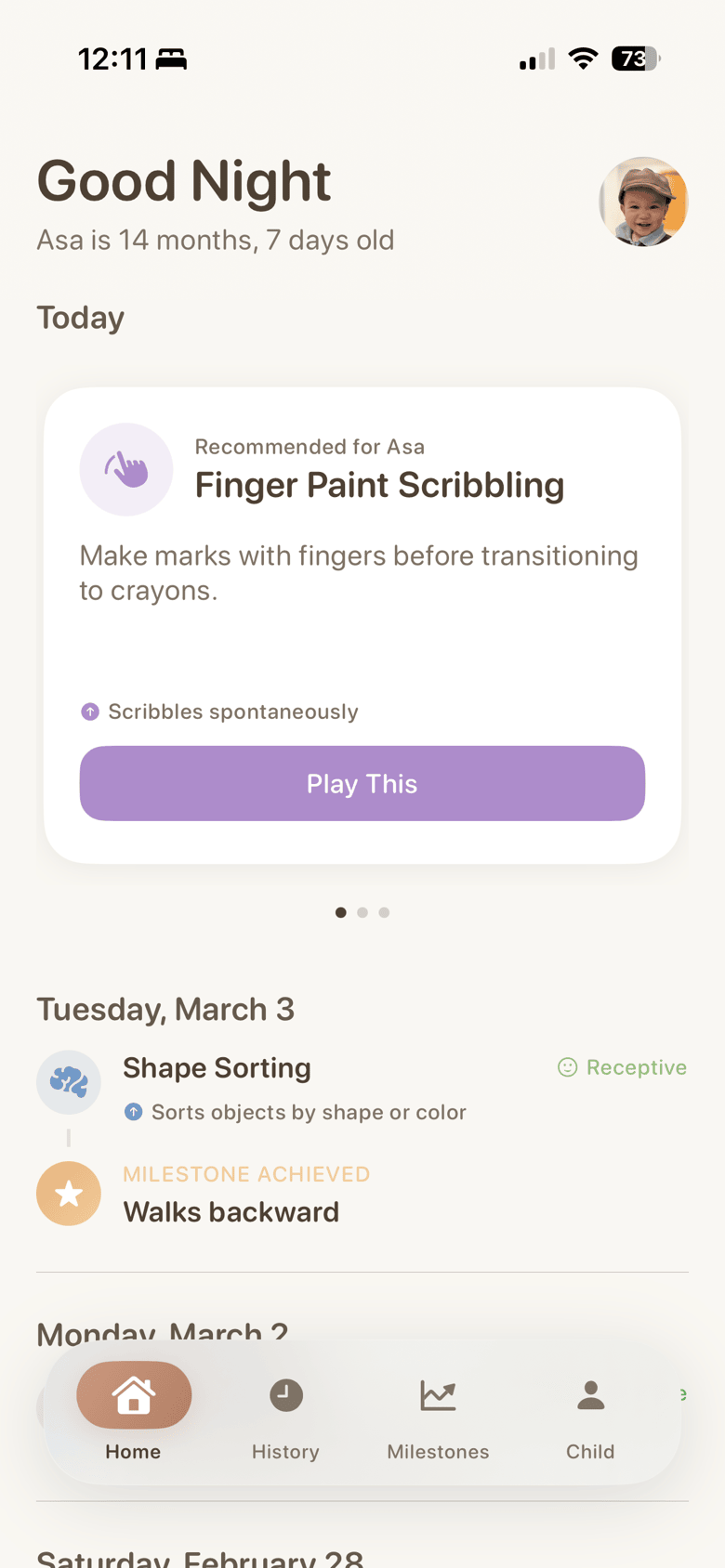 Nurture app Home tab showing personalized activity recommendations, greeting banner, and milestone tracking