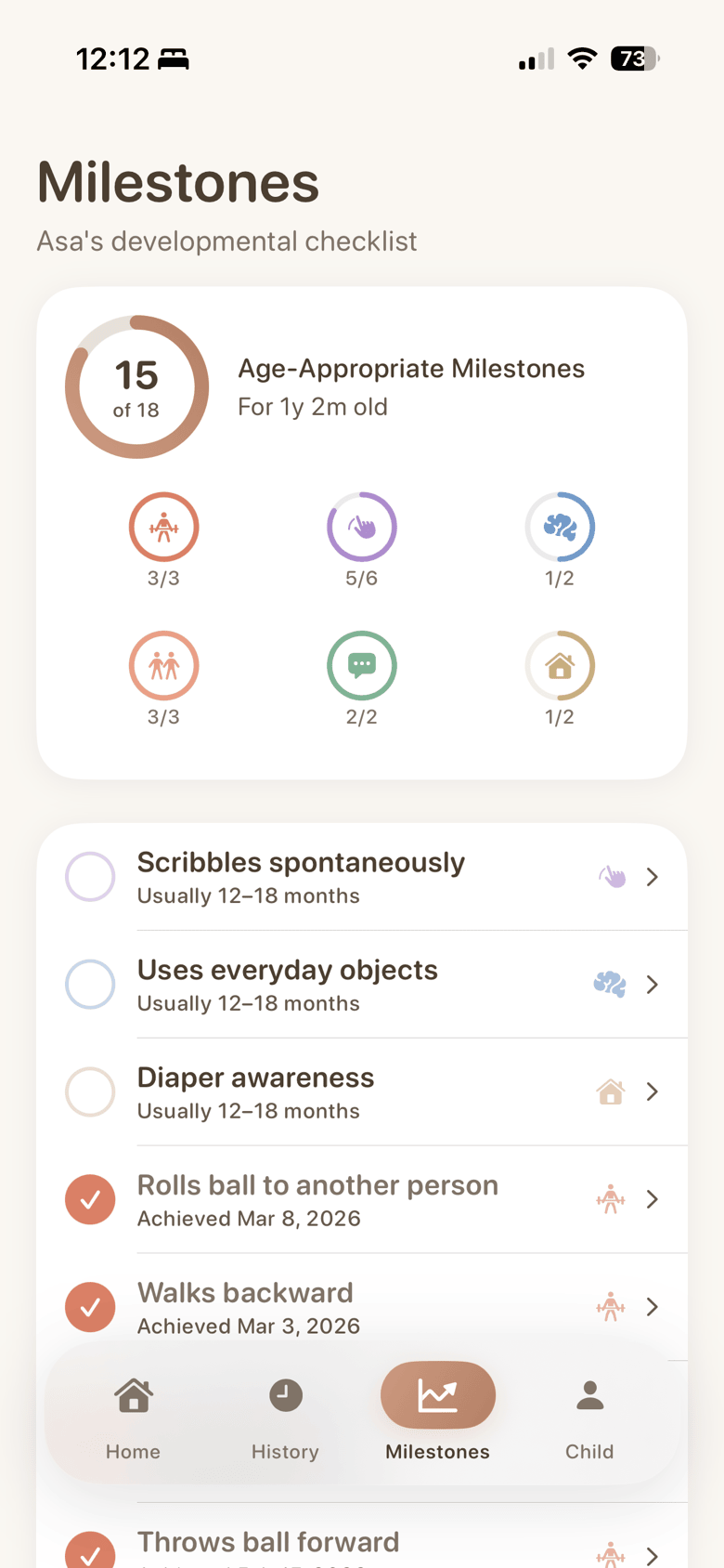 Nurture app Milestones tab showing developmental domain grid with progress indicators, milestone checklist items with checkmarks, and domain color-coding
